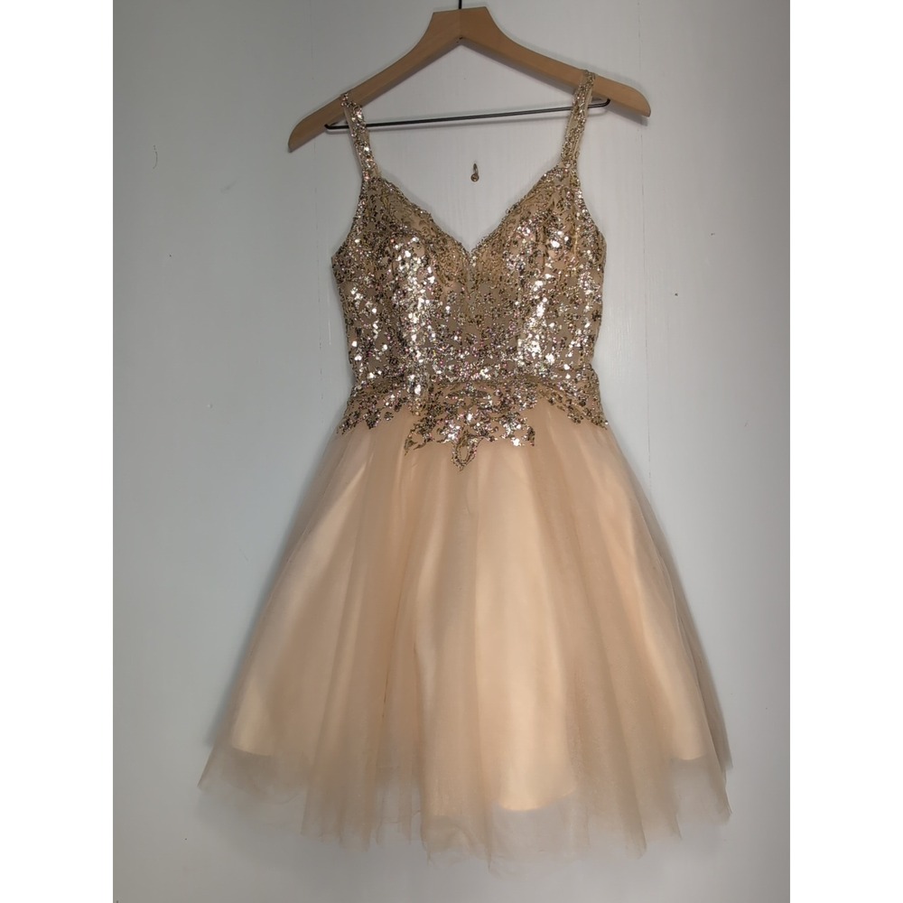 Sparkling Gold Sequin Bodice Tulle Prom Dress